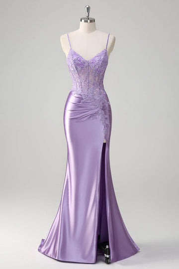 Lilac Mermaid Spaghetti Straps Corset Sequin Long Prom Dress with Slit